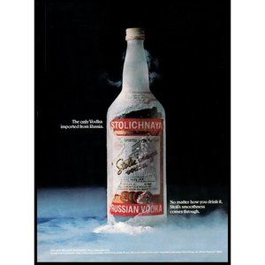 1987 Stolichnaya Vodka Vintage Print Ad Frozen Frosty Bottle on Ice Wall Art